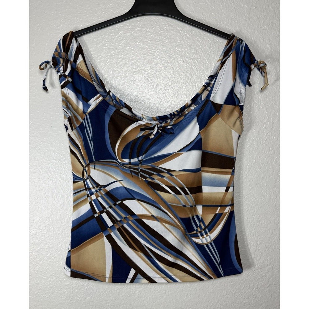 Women's Geometric Print Drawstring Sleeve Scoop Neck Blouse Blue Brown White XL